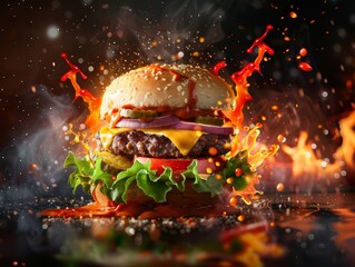 Flaming Juicy Cheeseburger Delight - Dynamic Floating Burger with Colorful Sauce Splash on Dark Background, Perfect for Food Advertising and Wallpaper Use