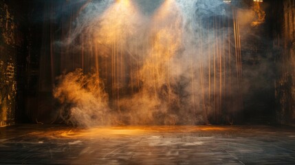 Smoky theater stage with dramatic lighting