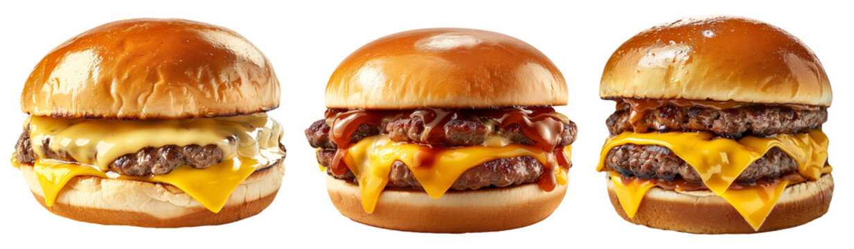 3 pork or beef juicy cheeseburgers volume 1. White buns, melted cheese. Set of isolated food on transparent background.