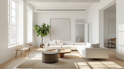 A bright living room with clean lines, white walls, and minimal furniture, highlighting simplicity and elegance