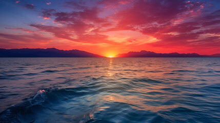 Fototapeta premium Golden Hour Over the Sea with Stunning Mountain Views and Colorful Sky