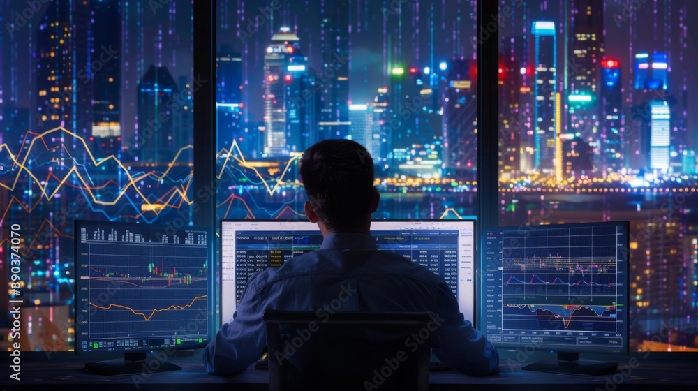 Aufkleber a businessman analyzing financial graphs and charts on a computer screen, with a city skyline in the