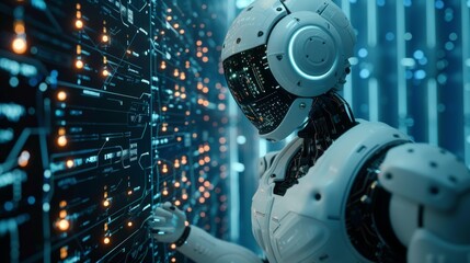 Fototapeta premium Futuristic Robot Interacting with Digital Interface