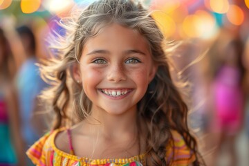 Happy Young Girl With Long Blonde Hair at a Summer Festival