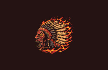 American native chief head angry on fire apache vector illustration