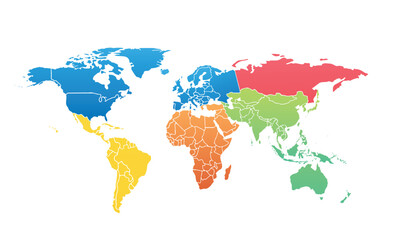 World map with individual colors,isolated on white background for website layouts,background,education, precise,customizable,Travel worldwide,map silhouette backdrop,earth geography, political,reports