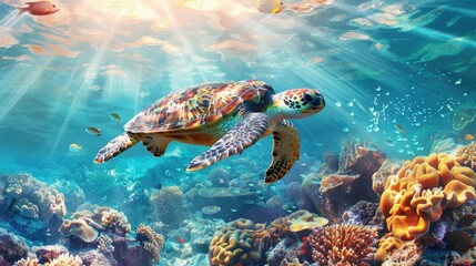 Fototapeta premium Majestic sea turtle gliding through the ocean near a coral reef