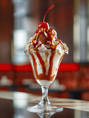 Delicious ice cream with caramel sauce and cherry on top