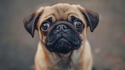 A challenging pug puppy staring defiantly at the camera, showing its stubborn personality