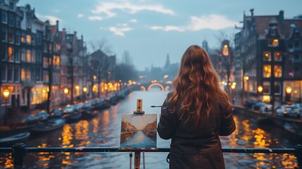 Artist Painting Canal Scene in Amsterdam at Dusk