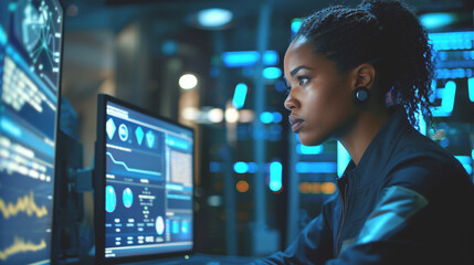 Black female cyber security analyst analysing AI cyberspace threats on computer in dark tech office data centre. Blue lighting. African american IT specialist ethical hacking