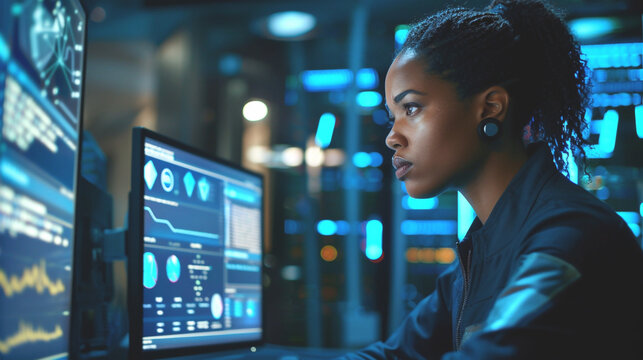 Black female cyber security analyst analysing AI cyberspace threats on computer in dark tech office data centre. Blue lighting. African american IT specialist ethical hacking
