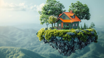 Real estate house model. 3D rendering. Realism, close-up of miniature house and car, house layout on background pictures, construction concept, house model.