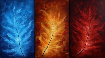 Trio of Vibrant Leaf Paintings in Different Color Palettes