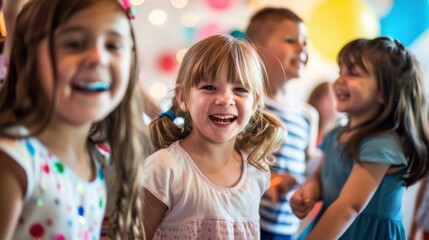 Kids enjoying a fun-filled birthday bash, with vibrant balloons and cheerful decorations, capturing the joy of childhood festivities