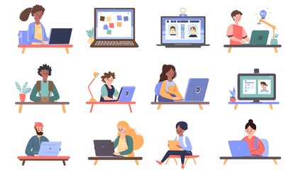 People Working on Laptops: A Diverse Collection of Illustrations Showing People Working Remotely or on their Personal Devices.