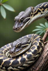Fototapeta premium A majestic python coiled around a branch. 