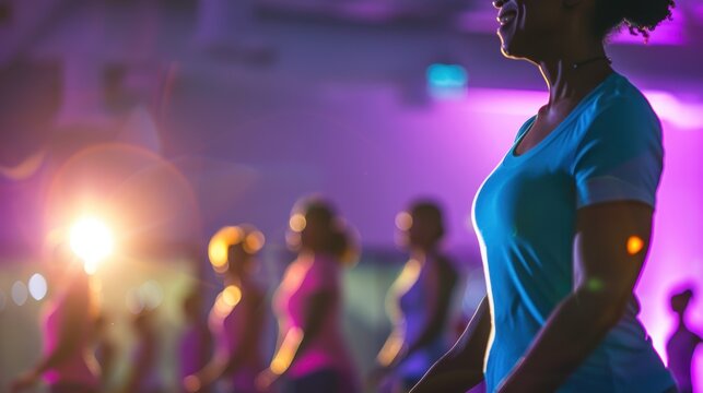 Group fitness instructor is leading an energetic zumba class with colorful lights