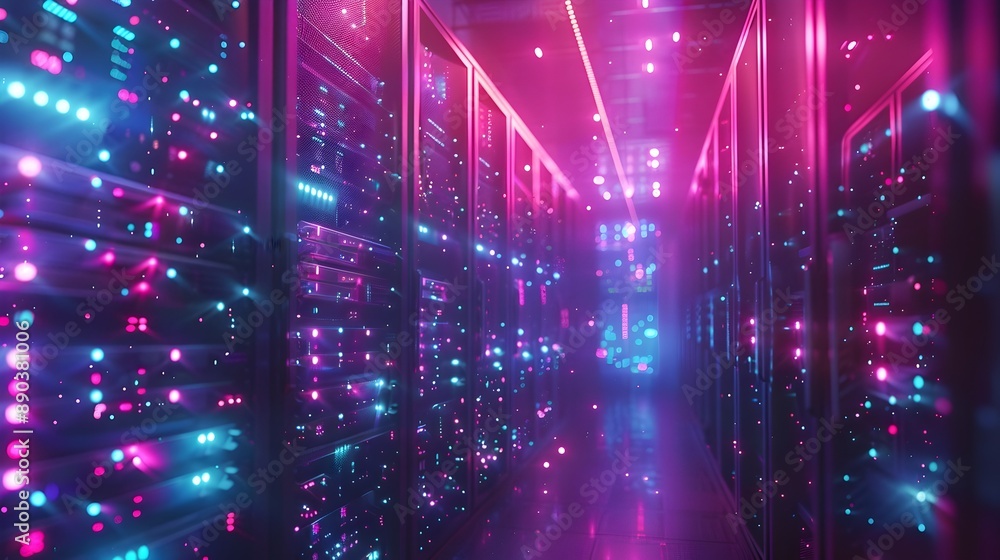 Poster futuristic data center with glowing servers and fiber optic cables showcasing sleek and modern cyber