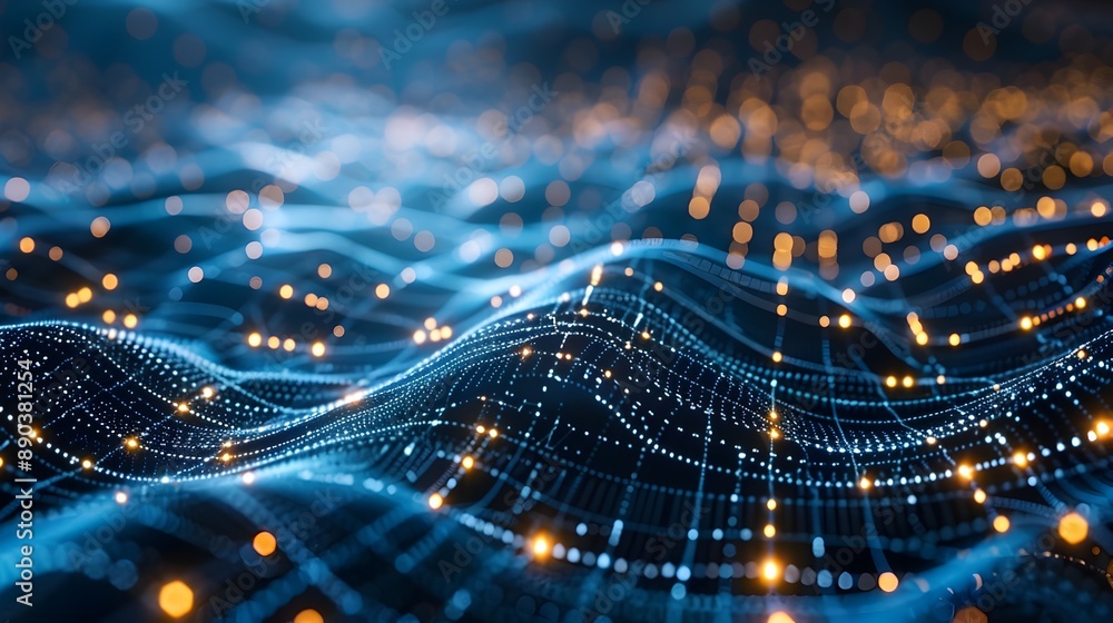 Poster futuristic digital network visualization with interconnected nodes and data streams