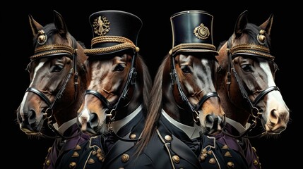 Fototapeta premium Elegant Horses Wearing Top Hats and Gentlemen Attire. Generative ai.