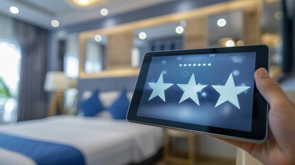 Tablet Showing Three-Star Hotel Rating in a Modern Room. Generative ai.
