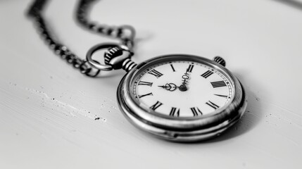 Black and White Vintage Pocket Watch with Chain on White Background. Generative ai.
