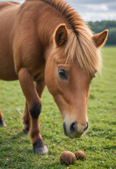 Fototapeta premium A playful Shetland pony grazing in a meadow. 