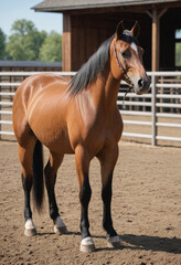 Fototapeta premium A loyal Quarter Horse standing patiently in a corral. 