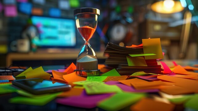 Hourglass on Desk with Colorful Sticky Notes and Laptop. Generative ai