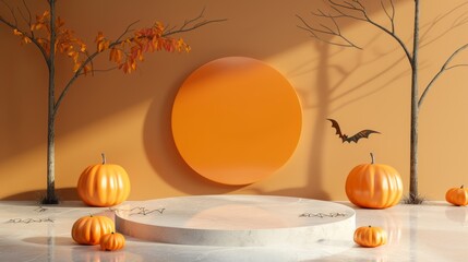Happy Halloween Background with Copy Space. 3D Indoor Podium with Halloween Concept