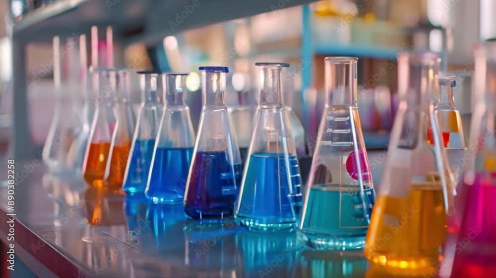 Poster a row of glass flasks filled with various colored liquids sits on a lab counter, with more flasks vi