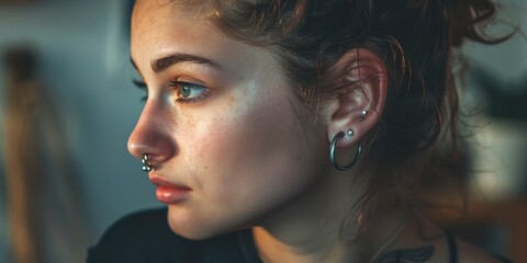 Obraz premium A young woman with multiple ear piercings, a simple and bold fashion statement