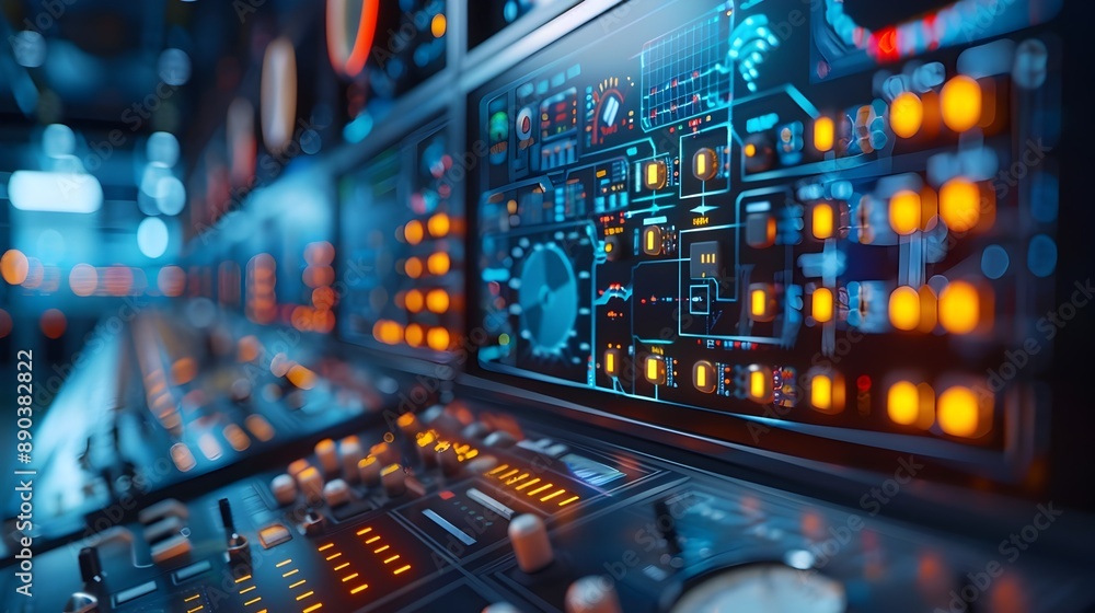 Poster futuristic industrial control system with real time data analytics for advanced automation and monit