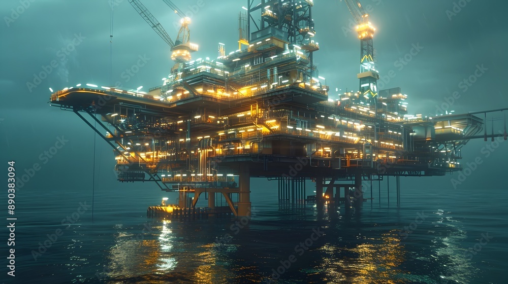 Poster illuminated offshore oil drilling platform with automated systems and advanced engineering