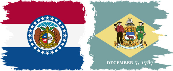 Delaware and Missouri states grunge brush flags connection, vector