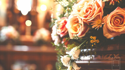 Closeup of bouquet of flowers on brown wooden burial casket coffin on a funeral. Grief and sadness for dead person, death and loss ceremony, pass away remembrance, farewell church