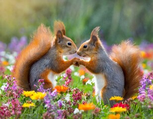 Obraz premium Zwei Eichhörnchen auf der Blumenwiese