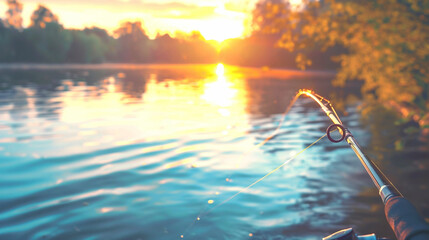 Fototapeta premium Closeup of fishing rod casting outdoors in lake or river water at sunset nature. Copy space, summer evening leisure hobby or sport activity outside, vacation relax