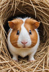  A playful guinea pig hiding in a hay pile. 