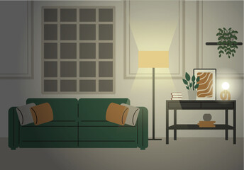 A modern cozy room, a living room with an armchair, a sofa by the window, a poster, and house plants. Vector illustration in a flat style