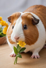  A curious guinea pig sniffing a flower. 