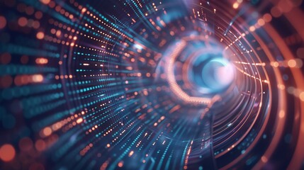 Obraz premium Data is flowing through a futuristic tunnel, creating a vortex effect. The background is a vector image, making it ideal for use in digital designs.