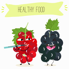 Funny red currant character design. Fruit poster. Vector illustration.