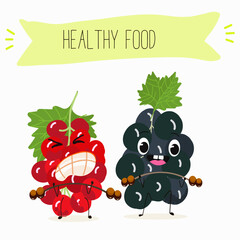 Funny red currant character design. Fruit poster. Vector illustration.