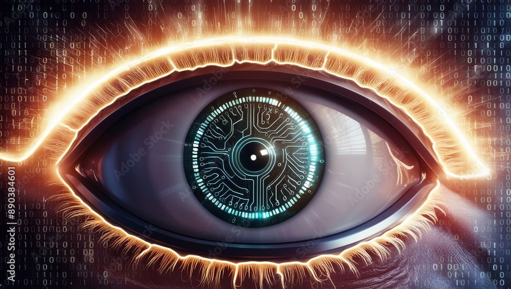 Poster artistic representation of a human eye with a digital circuit board pattern, symbolizing the fusion 