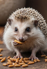 Fototapeta premium A curious hedgehog eating a mealworm. 