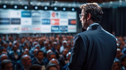 A keynote speaker addressing a large audience at a business conference, with a backdrop of company logos