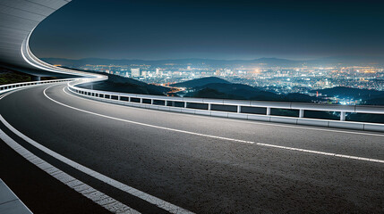 Empty highway at night leads smoothly towards the capital city