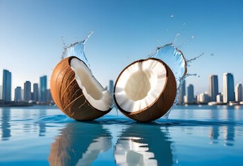 A coconut falling onto a surface with water splashing around it
